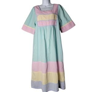 National Seersucker House Dress Pastel Striped Lounge Caftan PM Petite Medium